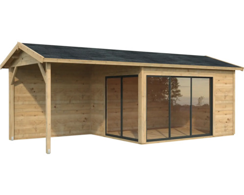 Abri de jardin en bois avec auvent et portes coulissantes en verre