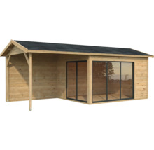 Maison de jardin en bois avec véranda couverte et portes coulissantes