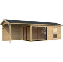 Abri de jardin en bois avec toit noir, portes coulissantes et fenêtre