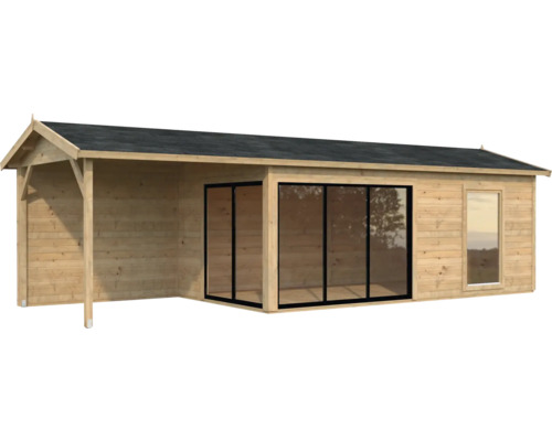 Abri de jardin en bois avec toit noir, portes coulissantes et fenêtre