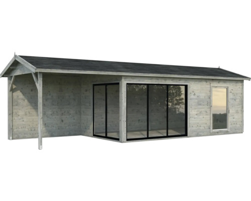 Abri de jardin avec façade en verre et auvent
