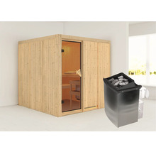 Sauna en bois avec poêle de sauna et façade en verre