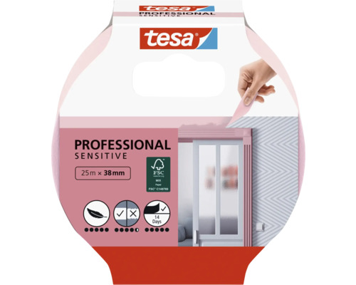 Bande de crêpe tesa papier peint 25 m x 38 mm Ruban de masquage Tesa Professional Sensitive, 25 mètres sur 38 millimètres