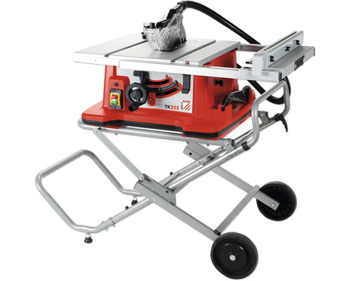 Rote Kreissäge mit Tisch und Fahrgestell