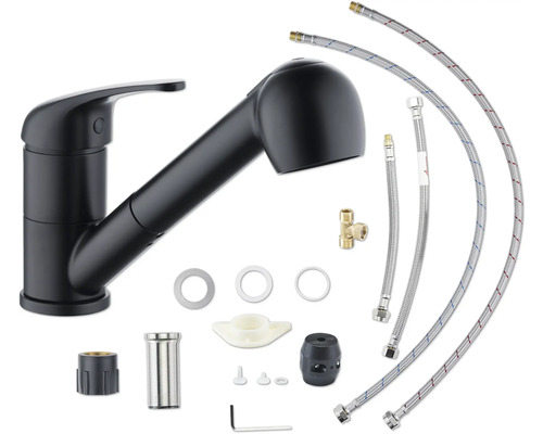 Schwarze Küchenarmatur mit Brauseschlauch und Zubehör