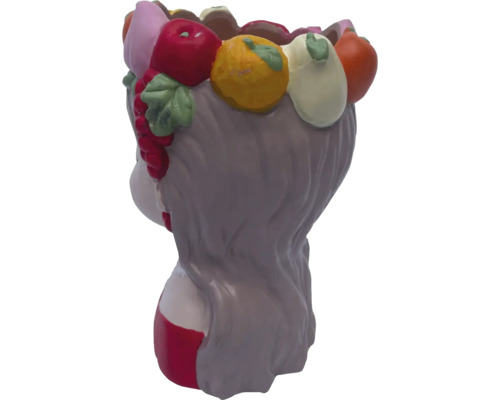 Pot de fleurs en forme de tête de femme avec décor de fruits