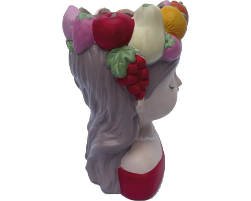 Pot de fleurs en forme de tête de fille avec décoration de fruits
