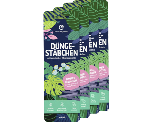 Plusieurs emballages de bâtonnets d''engrais avec du charbon végétal de Wundgarten pour les plantes d''intérieur.