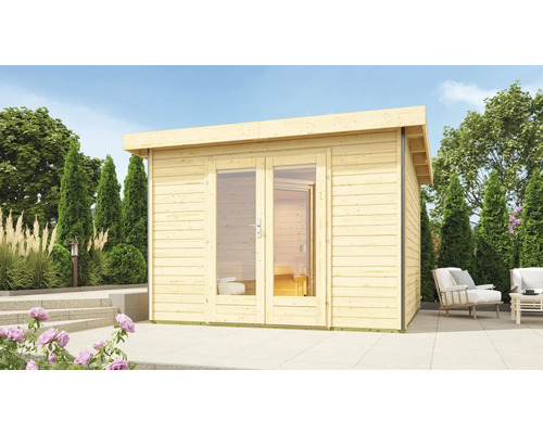 Chalet sauna Karibu Sainburga 1 Set A sans poêle avec vestibule, fenêtre et porte en bois avec verre transparent Chalet sauna Karibu Sainburga 1 Set A sans poêle avec vestibule, fenêtre et porte en bois avec verre transparent