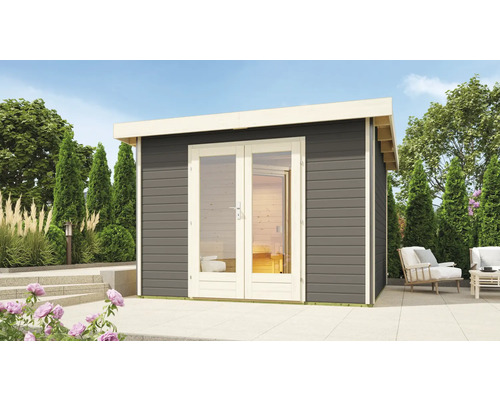 Chalet sauna Karibu Sainburga 1 Set B avec poêle bio 9 kW et commande externe avec vestibule et porte en bois avec verre transparent gris terre cuite/blanc Chalet sauna Karibu Sainburga 1 Set B avec poêle bio 9 kW et commande externe avec vestibule et porte en bois avec verre transparent gris terre cuite/blanc