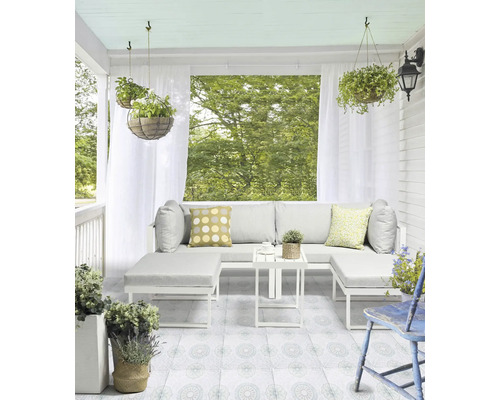Ensemble lounge Destiny Long Beach aluminium table 75x40x50 cm, gris clair chiné Terrasse couverte avec coin salon, table d''appoint et paniers suspendus pour plantes