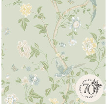 Papier peint avec fleurs, oiseaux et logo Laura Ashley 70 ans