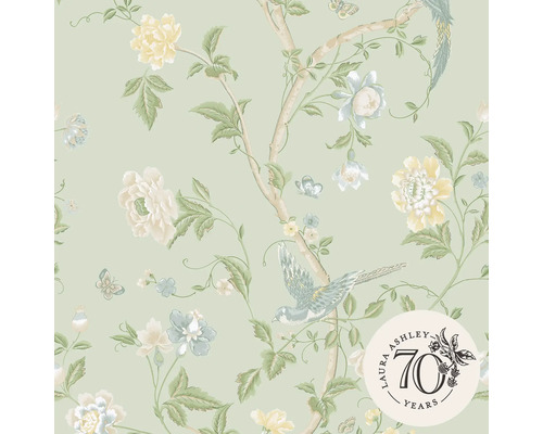 Papier peint avec fleurs, oiseaux et logo Laura Ashley 70 ans
