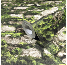 Eine Rolle Tapete mit einem Steinmauer-Muster und Moos.