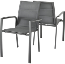 Deux chaises de jardin grises avec accoudoirs et revêtement textile