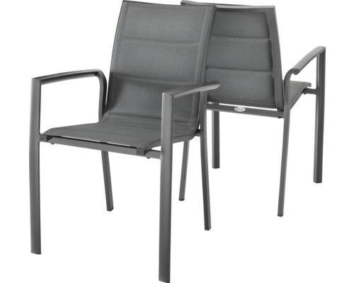 Fauteuil Destiny COSTA lot de 2 empilables, Textilène + aluminium, anthracite Deux chaises de jardin grises avec accoudoirs et revêtement textile