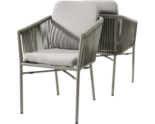 Fauteuil Destiny LUCCA lot de 2 empilables, aluminium + corde, taupe Deux chaises de jardin grises avec coussins