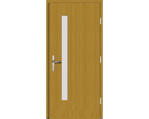Holztür mit senkrechtem Glaseinsatz und Türgriff