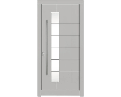 Haustür DW02a Kiefer RAL 9016 verkehrsweiß 1000x2100 mm DIN Links (nach innen öffnend) Graue Haustür mit Glaseinsatz und Griff