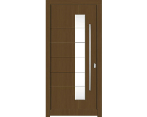 Porte d'entrée DW02a pin/chêne S52-Zeder 1100x2100 mm tirant droit (ouverture vers l'intérieur) Porte d''entrée marron avec insert en verre et poignée
