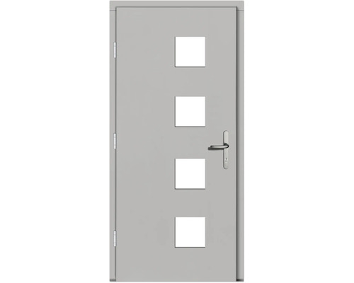 Tür mit vier quadratischen Ausschnitten und Türgriff