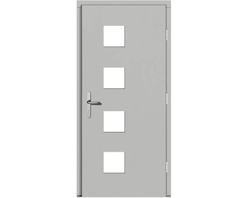 Porte extérieure avec quatre découpes rectangulaires, poignée de porte et charnières