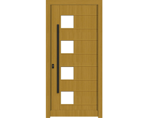 Haustür DW04 Kiefer/Eiche S12-Honig 1000x2100 mm DIN Links (nach innen öffnend) Holztür mit vier quadratischen Fenstern und langem Griff