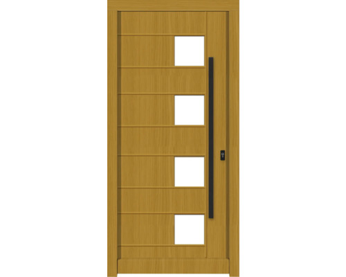 Porte d'entrée DW04 pin/chêne S12-Honig 1000x2100 mm tirant droit (ouverture vers l'intérieur) Porte en bois avec inserts en verre et poignée droite