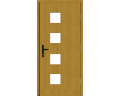 Holztür mit vier quadratischen Ausschnitten, Türgriff und Scharnieren