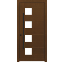 Porte d''entrée marron avec quatre inserts en verre et poignée