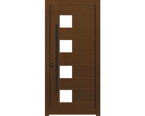Porte d'entrée DW04 pin/chêne Aformosia 1000x2100 mm tirant droit (ouverture vers l'intérieur) Porte d''entrée marron avec quatre inserts en verre et poignée