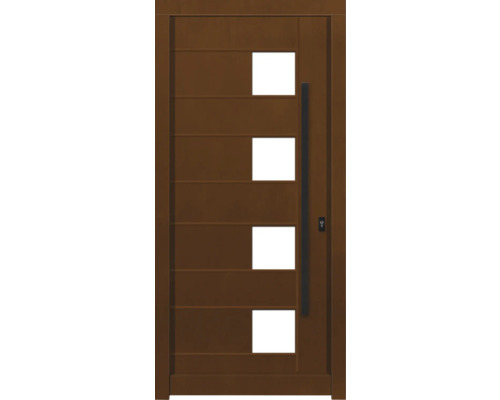 Porte d'entrée DW04 pin/chêne Aformosia 1100x2100 mm tirant droit (ouverture vers l'intérieur) Porte d''entrée avec quatre fenêtres rectangulaires, poignée et serrure