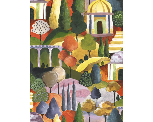 Papier peint intissé 81661 Leyla naturel jaune vert Peinture d''un paysage avec des arbres et des bâtiments