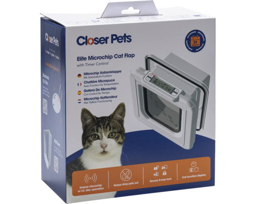 Closer Pets Elite Mikrochip Katzenklappe mit Timer-Steuerung in der Verpackung