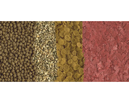 Nahaufnahme von verschiedenen Fischfuttertypen