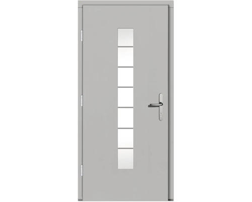 Porte d''entrée grise avec insert en verre et poignée