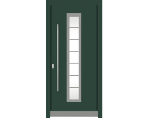 Porte d'entrée DW12 pin RAL 6005 vert mousse 1100x2100 mm tirant gauche (ouverture vers l'intérieur) Porte d''entrée moderne avec insert en verre et poignée en acier inoxydable