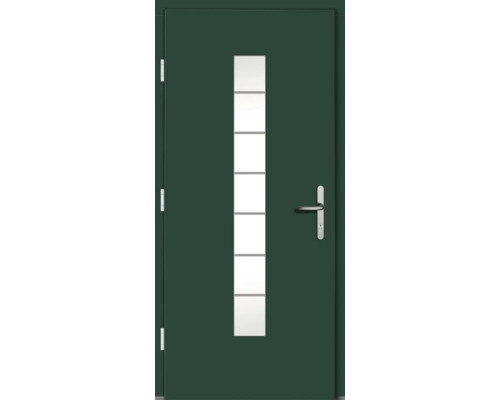 Grüne Haustür mit Glaseinsatz und Griff