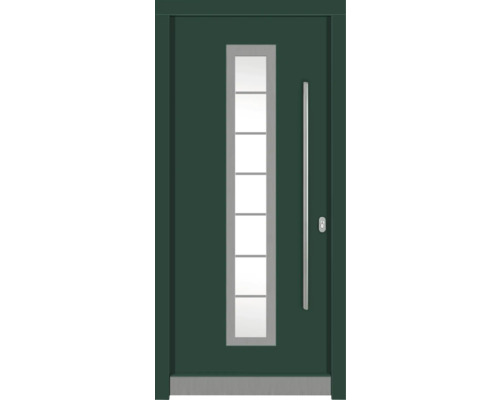 Porte d'entrée DW12 pin RAL 6005 vert mousse 1100x2100 mm tirant droit (ouverture vers l'intérieur) Porte d''entrée verte avec insert en verre, poignée et serrure
