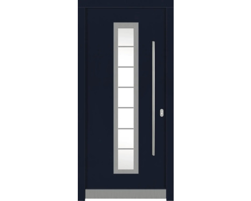 Porte d'entrée DW12 pin RAL 5003 bleu saphir 1100x2100 mm tirant droit (ouverture vers l'intérieur) Porte d''entrée avec insert en verre et poignée barre