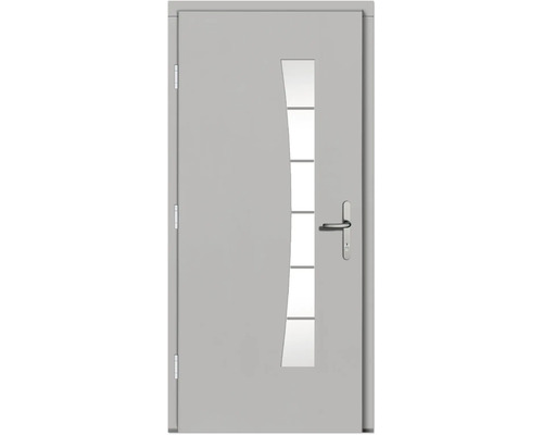 Graue Haustür mit Glaseinsatz und Edelstahlgriff