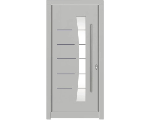 Porte d''entrée avec insert en verre et lignes décoratives horizontales