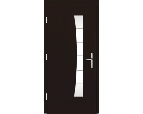 Dunkle Haustür mit vertikalem, gebogenem Glaseinsatz und Griff