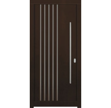 Porte d''entrée moderne avec poignée en acier inoxydable et éléments décoratifs verticaux