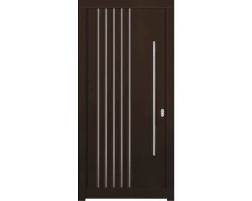 Porte d'entrée DW54 pin/chêne noyer 1000x2100 mm tirant droit (ouverture vers l'intérieur) Porte d''entrée moderne avec poignée en acier inoxydable et éléments décoratifs verticaux