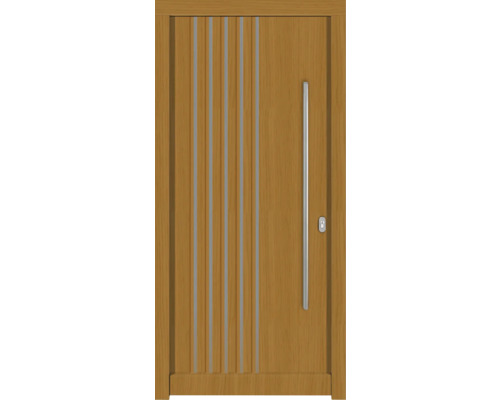 Porte d'entrée DW54 pin/chêne S22-Safran 1000x2100 mm tirant droit (ouverture vers l'intérieur) Porte en bois avec éléments décoratifs verticaux, poignée et serrure