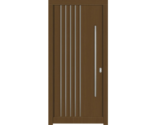 Porte d'entrée DW54 pin/chêne S52-Zeder 1000x2100 mm tirant droit (ouverture vers l'intérieur) Porte d''entrée en bois avec poignée et accents argentés