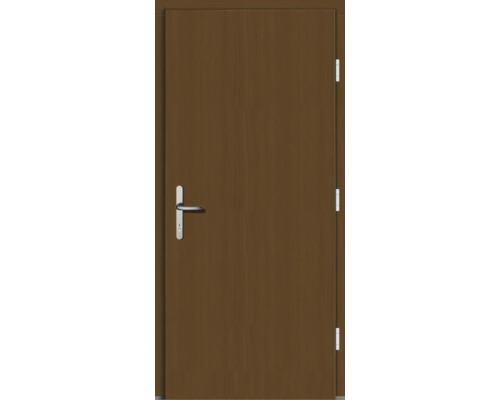 Braune Innentür mit silberfarbener Türklinke und Scharnieren