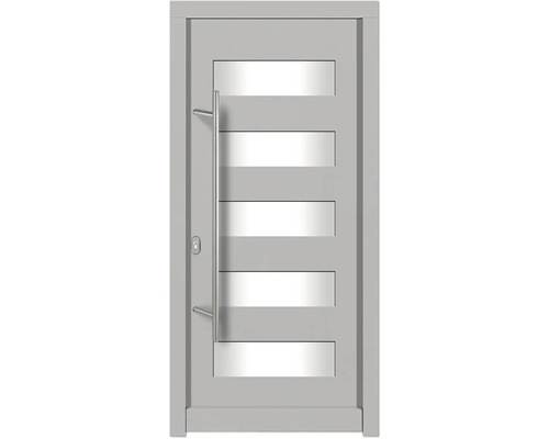 Haustür DW57 Kiefer RAL 9016 verkehrsweiß 1100x2100 mm DIN Links (nach innen öffnend) Haustür mit fünf horizontalen Glaseinsätzen und Griff