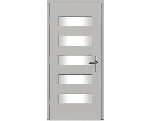 Graue Innentür mit fünf rechteckigen Glaseinsätzen und Türgriff